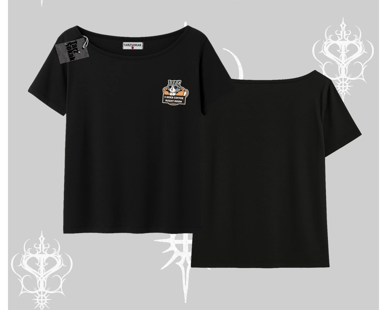 Need Coffee Right Meow Yazılı Kedi Baskılı Kayık Yaka Tshirt