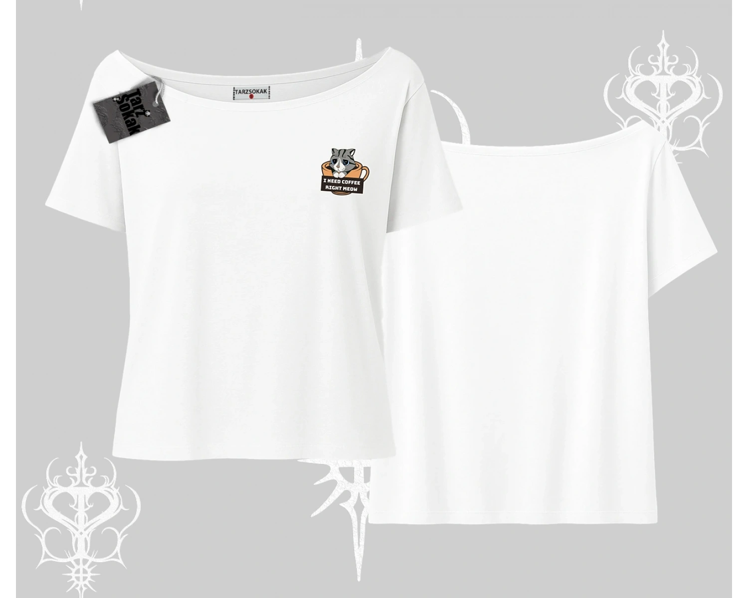 Need Coffee Right Meow Yazılı Kedi Baskılı Kayık Yaka Tshirt