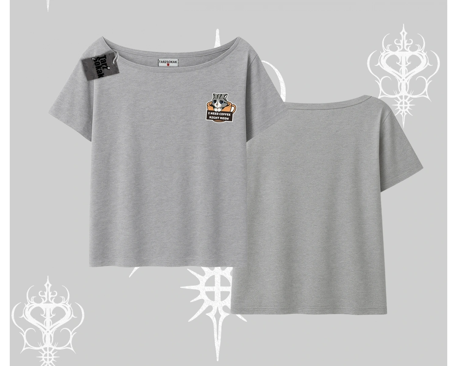 Need Coffee Right Meow Yazılı Kedi Baskılı Kayık Yaka Tshirt