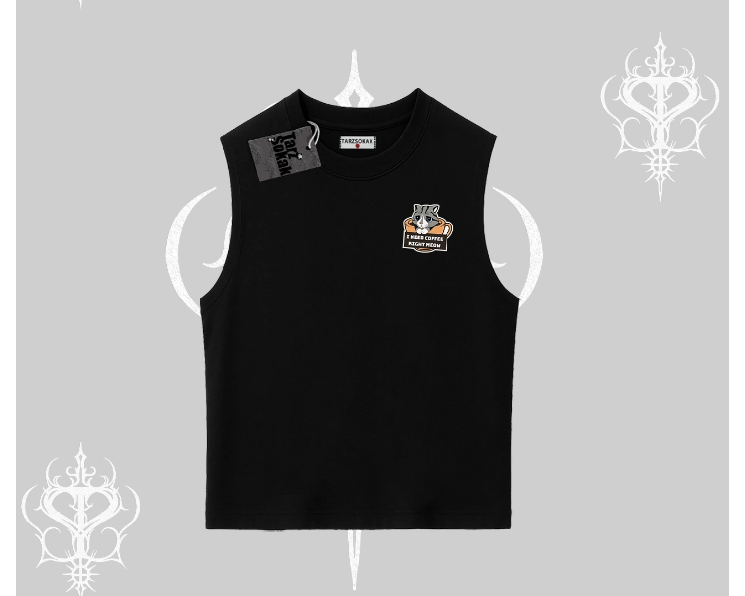 Need Coffee Right Meow Yazılı Kedi Baskılı Kolsuz Tshirt