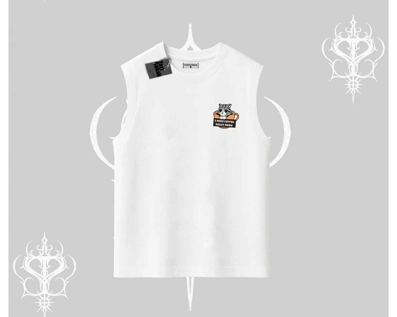 Need Coffee Right Meow Yazılı Kedi Baskılı Kolsuz Tshirt