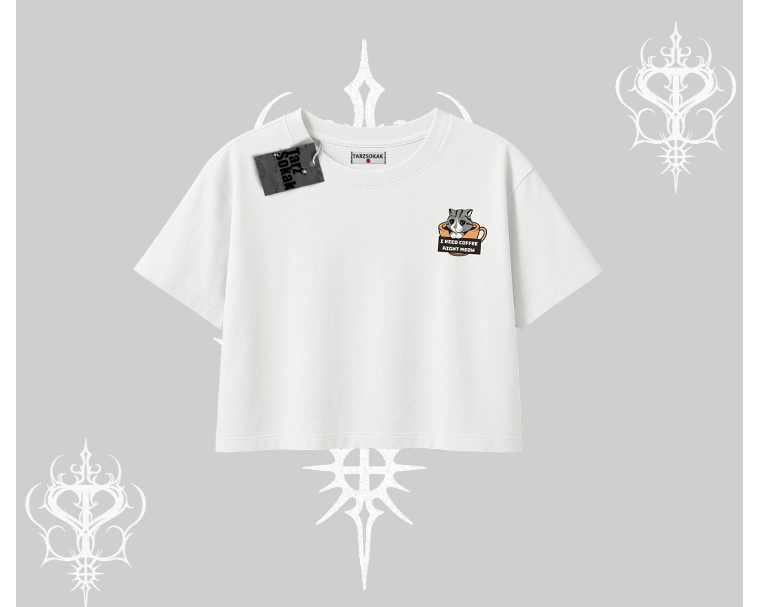 Need Coffee Right Meow Yazılı Kedi Baskılı Oversize Crop Tshirt