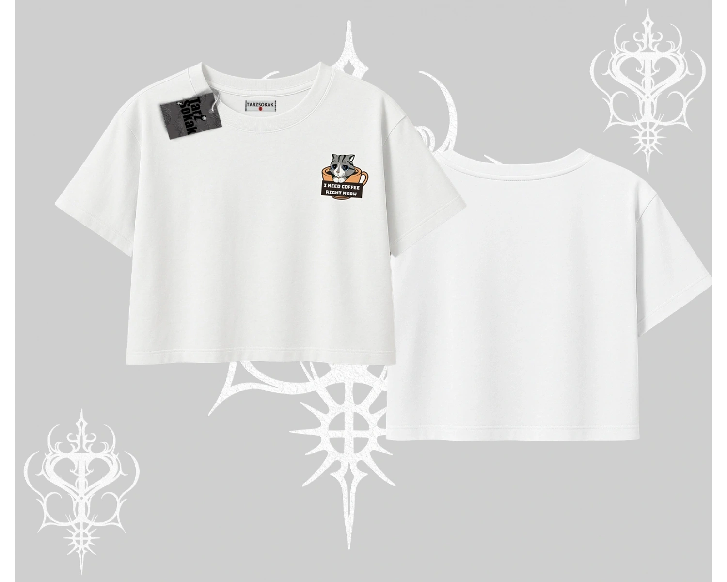 Need Coffee Right Meow Yazılı Kedi Baskılı Oversize Crop Tshirt