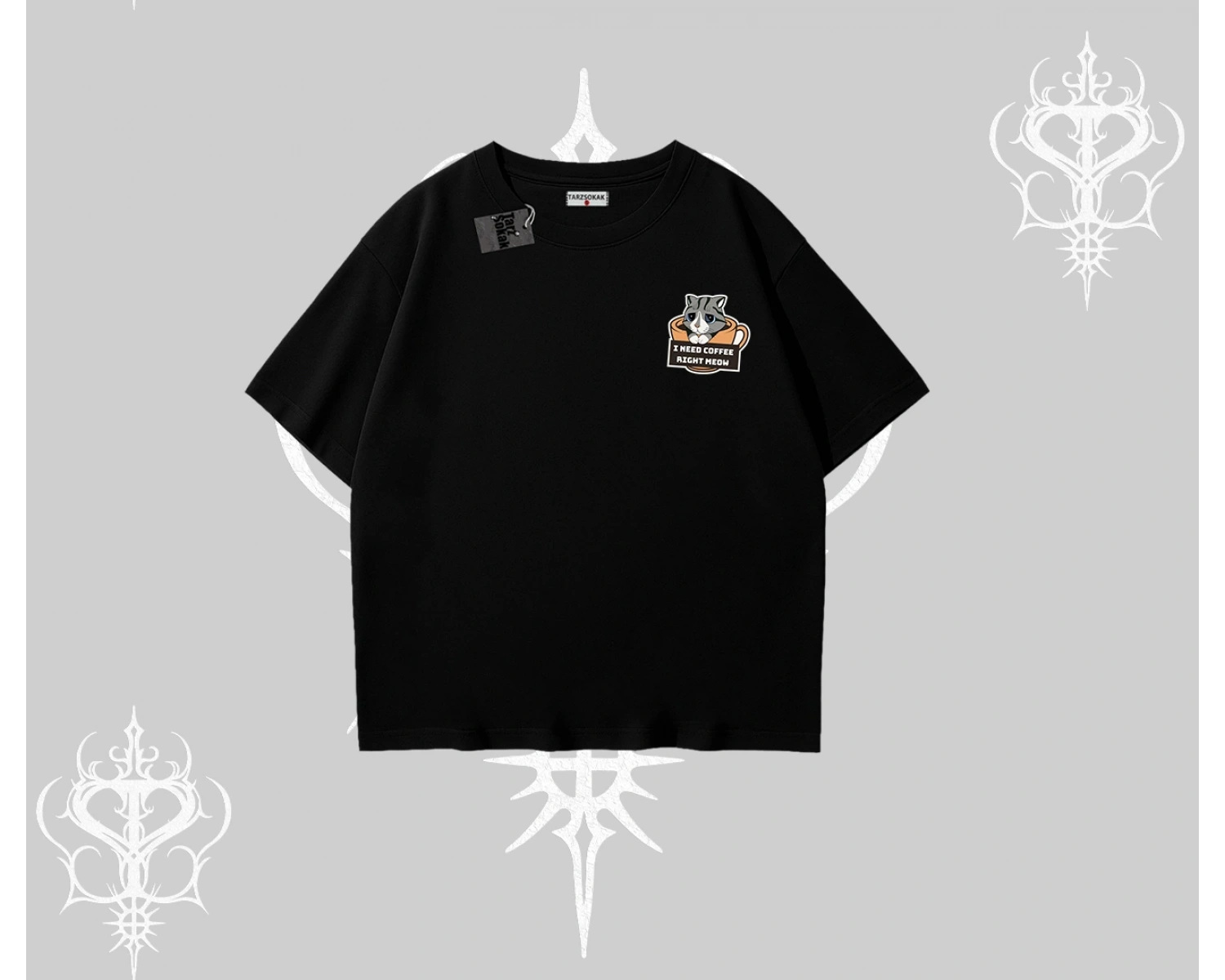 Need Coffee Right Meow Yazılı Kedi Baskılı Oversize Tshirt