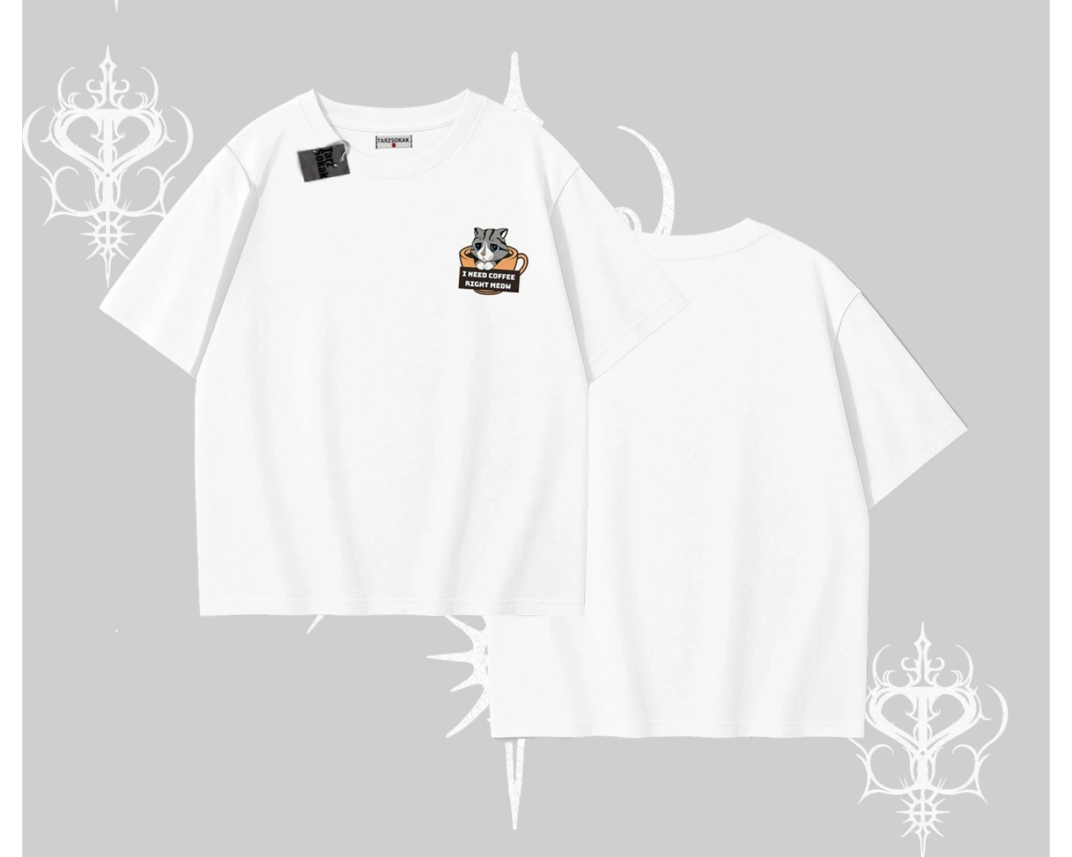 Need Coffee Right Meow Yazılı Kedi Baskılı Oversize Tshirt