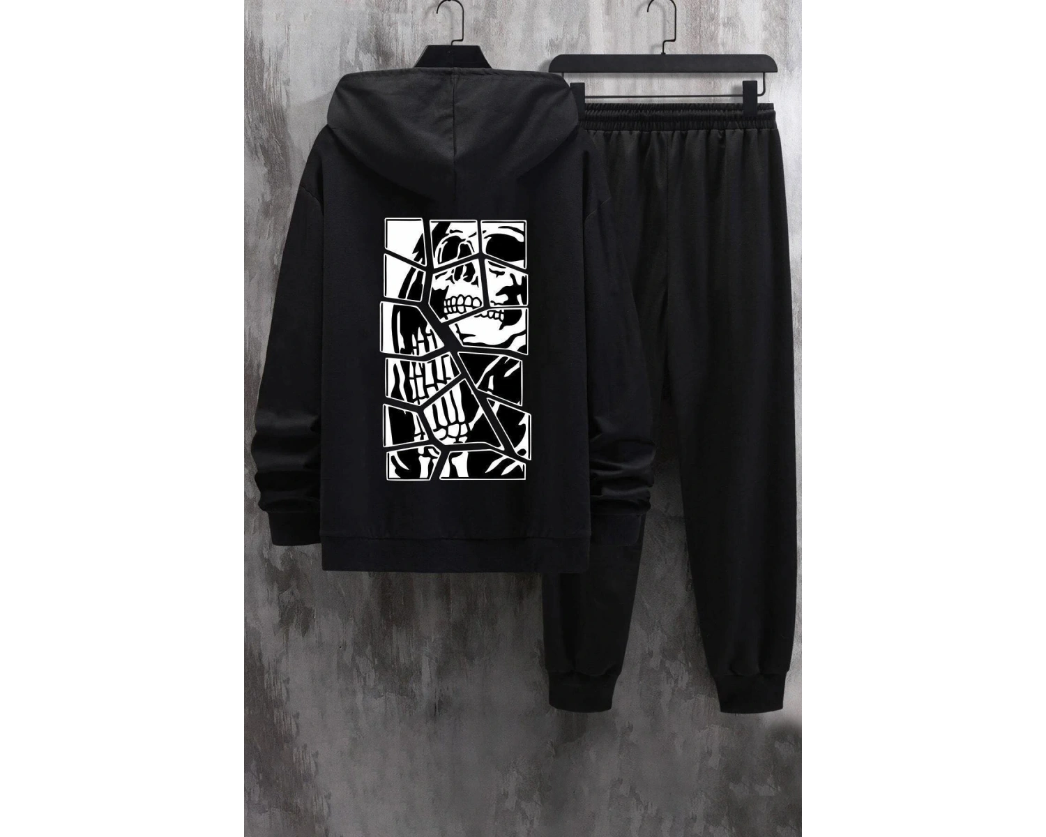 NEW MODA Unisex Skullcracked Baskılı Eşofman Takımı KP-SİYAH-DECCAL-ESH-DÜZ12