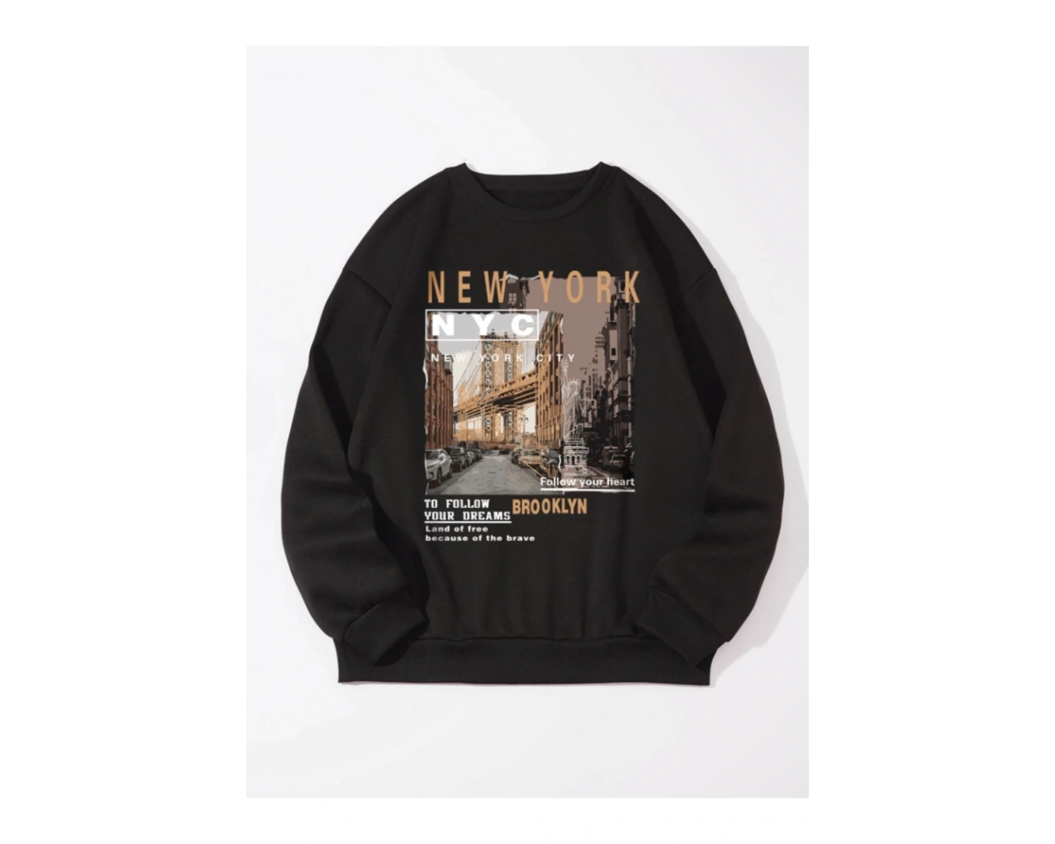 Newyork NYC Renkli Oversize Bisiklet Yaka Pamuklu Sweatshirt Siyah