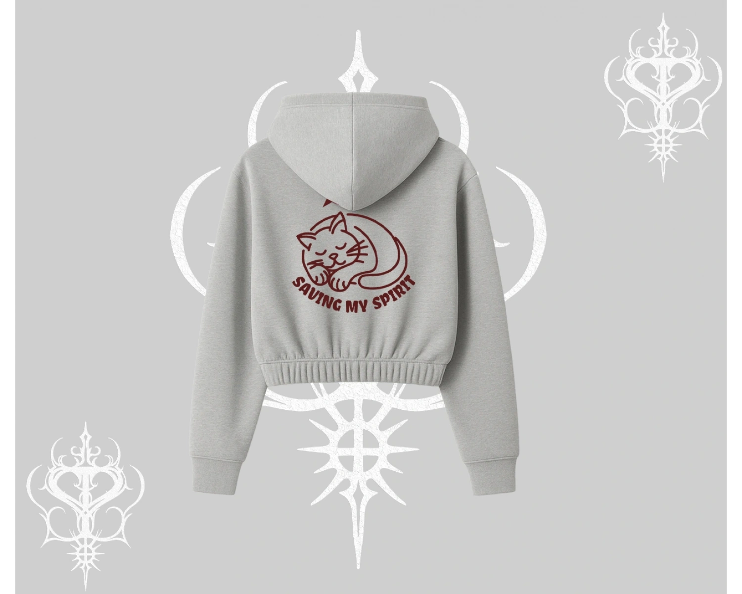 Not Lazy Saving My Spirit Kedi Baskılı Kapşonlu Crop Sweatshirt