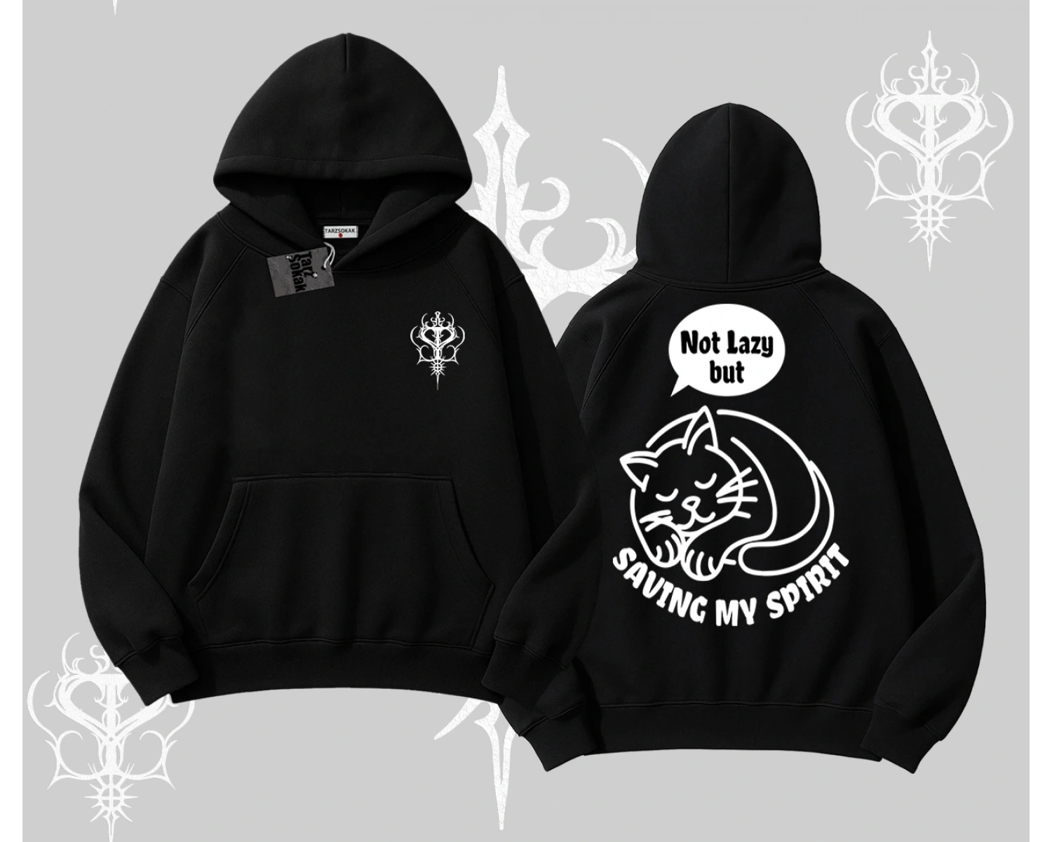 Not Lazy Saving My Spirit Kedi Baskılı Kapşonlu Sweatshirt