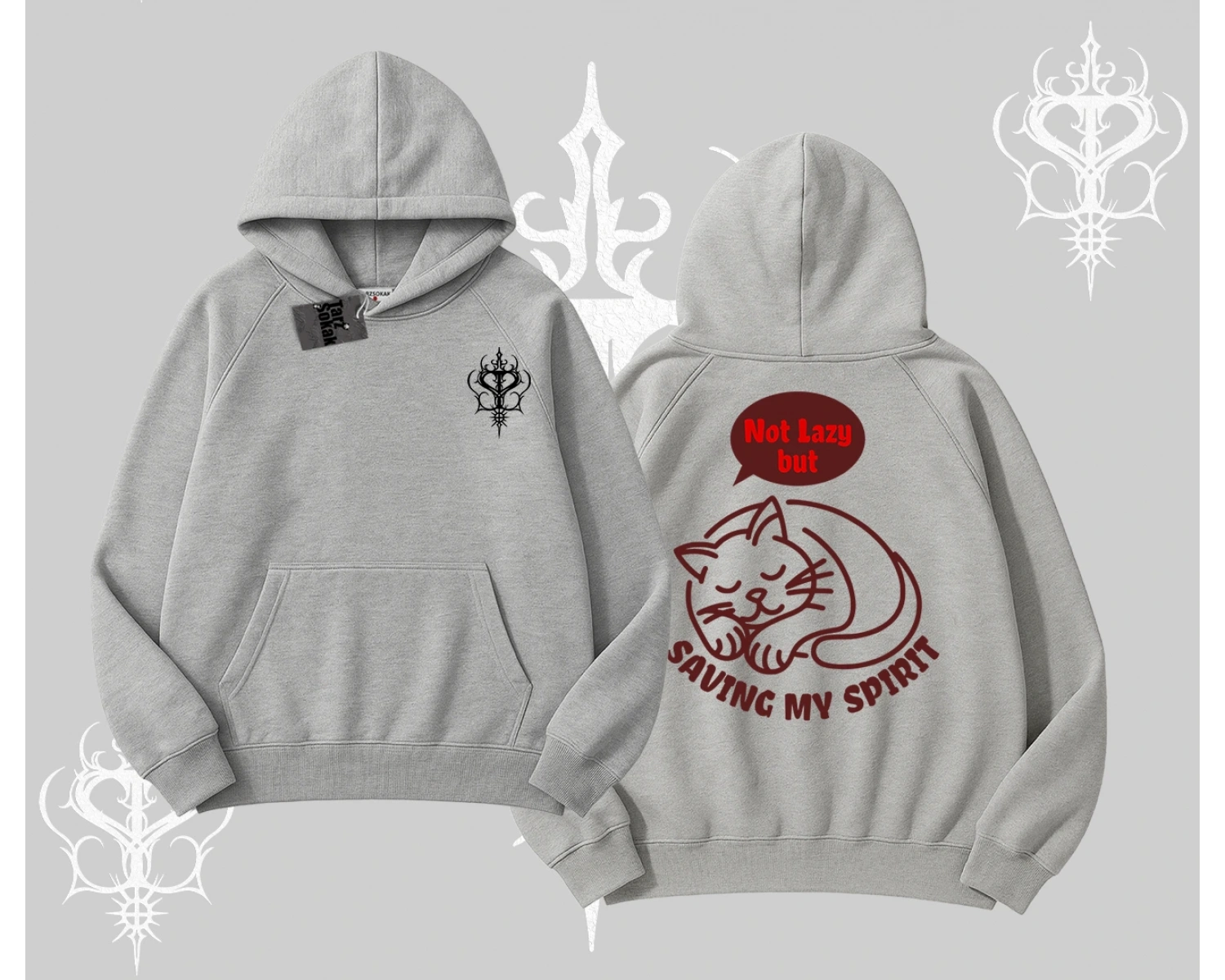 Not Lazy Saving My Spirit Kedi Baskılı Kapşonlu Sweatshirt