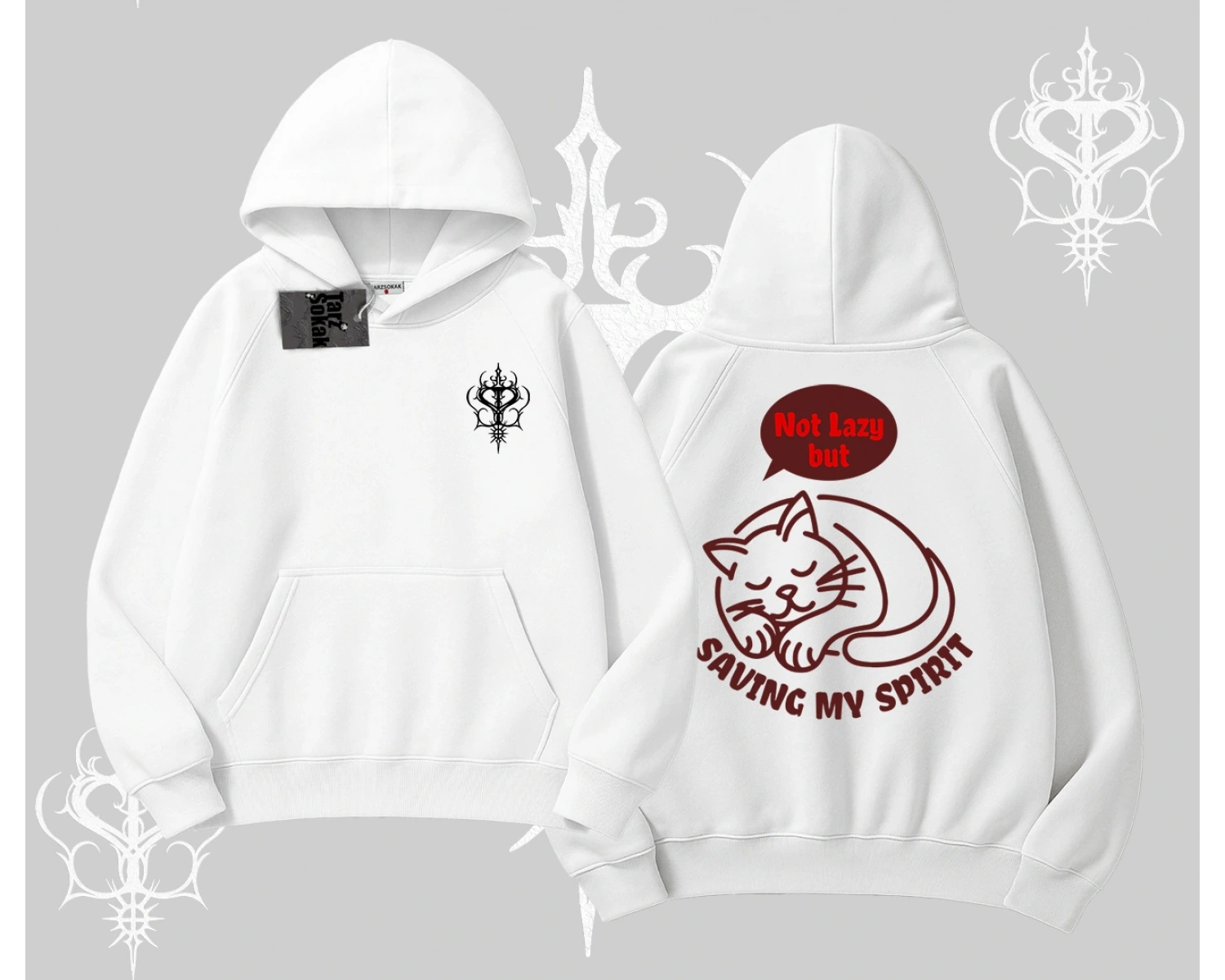 Not Lazy Saving My Spirit Kedi Baskılı Kapşonlu Sweatshirt