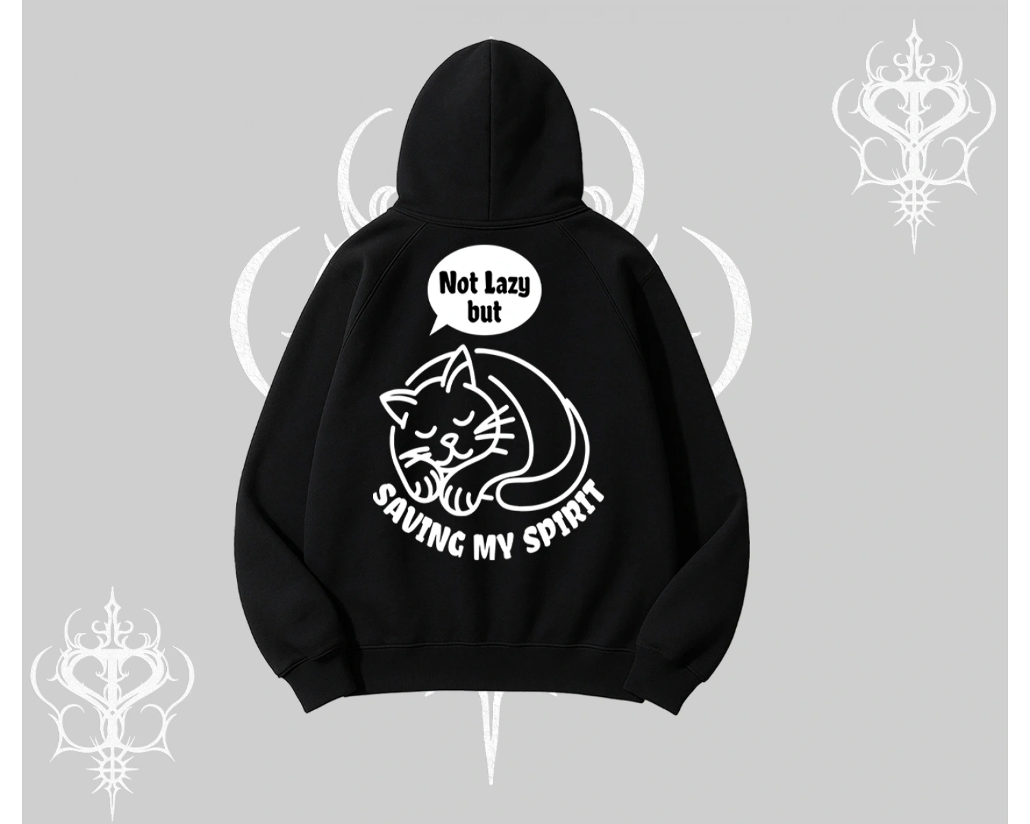 Not Lazy Saving My Spirit Kedi Baskılı Kapşonlu Sweatshirt