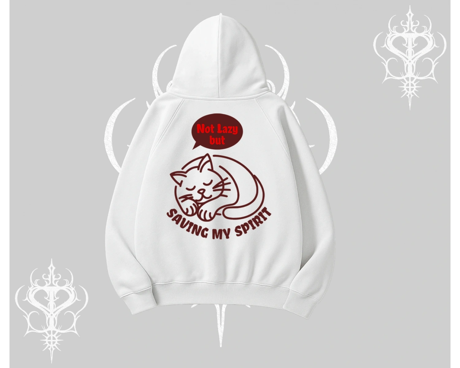 Not Lazy Saving My Spirit Kedi Baskılı Kapşonlu Sweatshirt