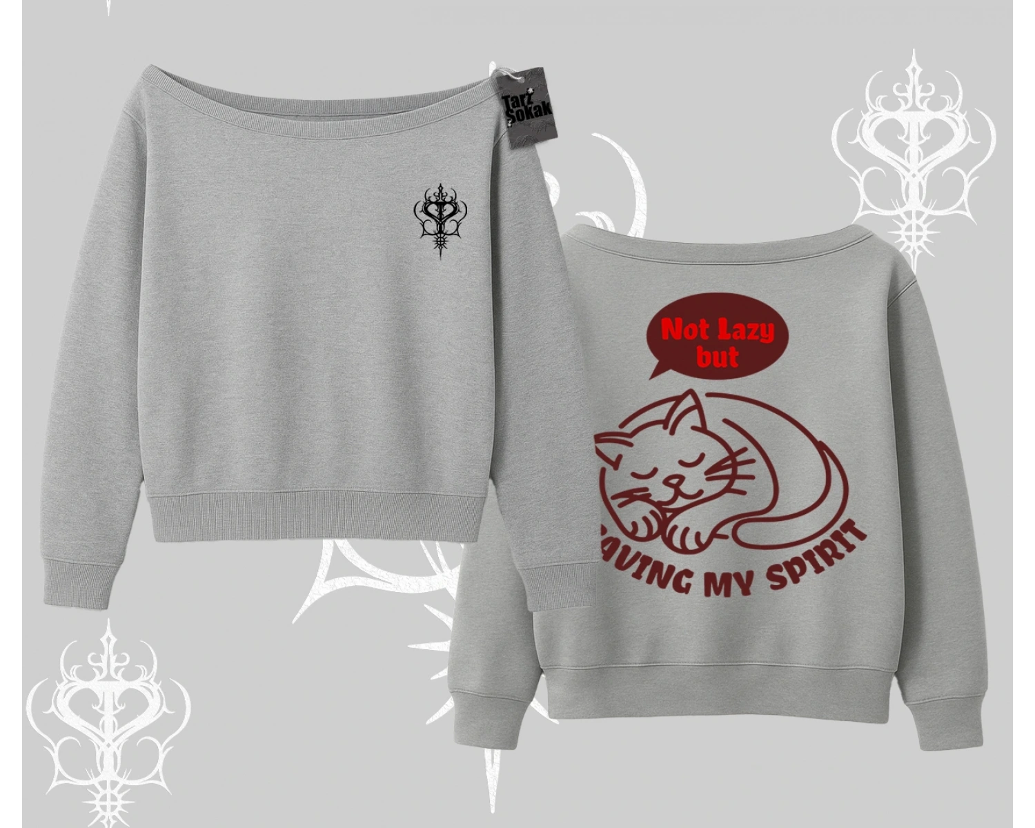 Not Lazy Saving My Spirit Kedi Baskılı Kayık Yaka Sweatshirt