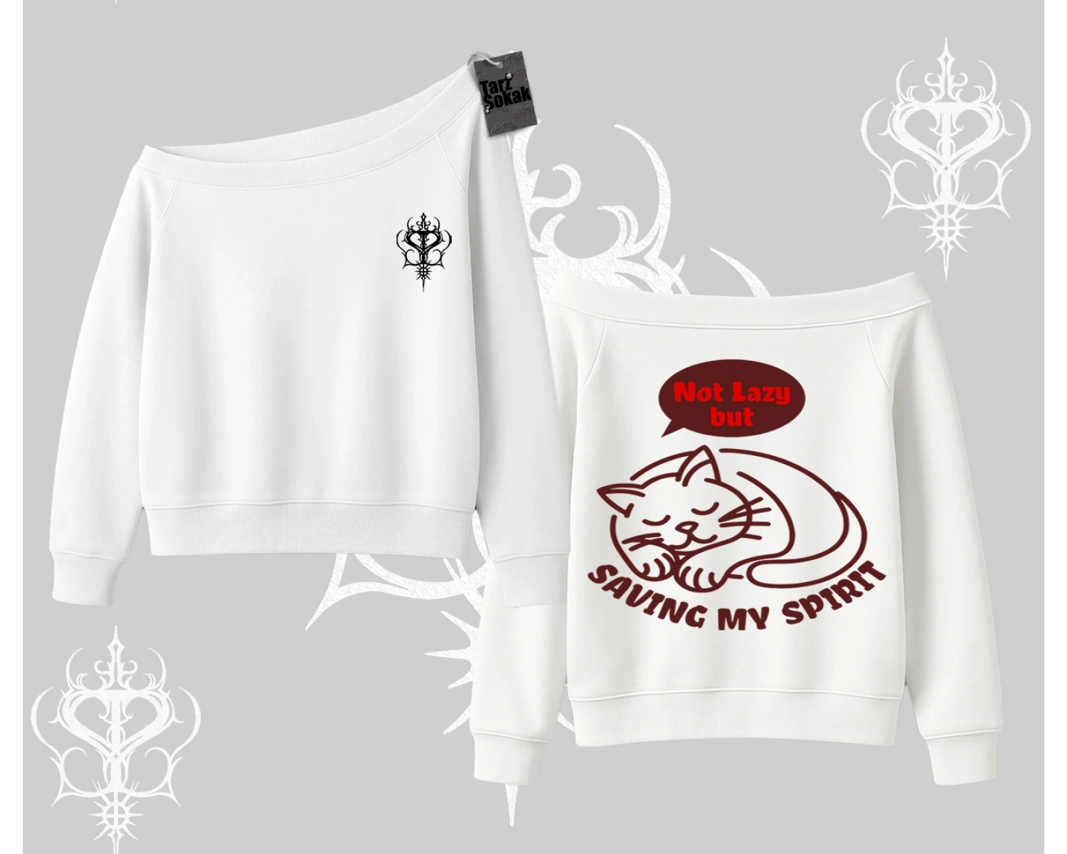 Not Lazy Saving My Spirit Kedi Baskılı Kayık Yaka Sweatshirt