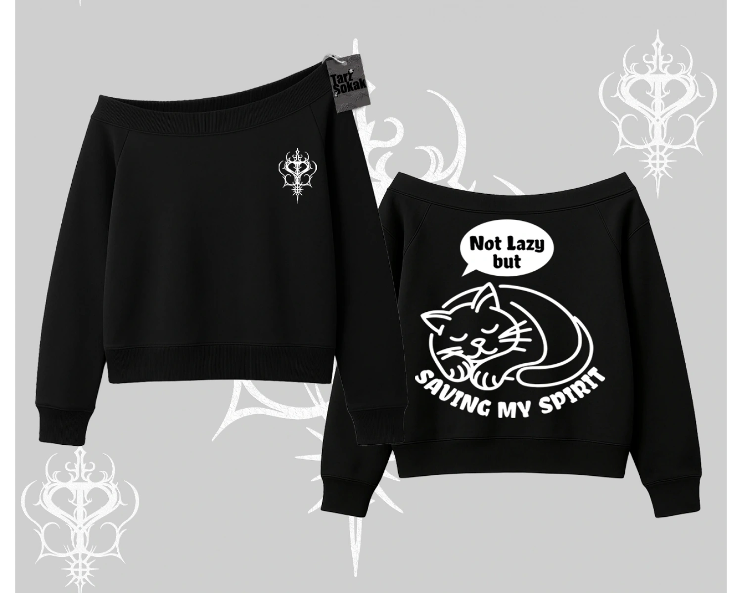 Not Lazy Saving My Spirit Kedi Baskılı Kayık Yaka Sweatshirt