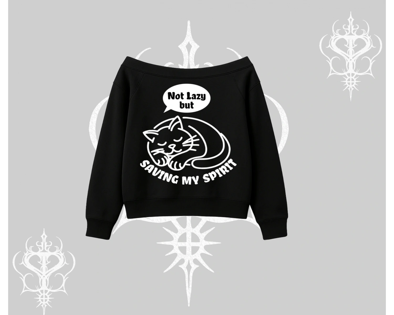 Not Lazy Saving My Spirit Kedi Baskılı Kayık Yaka Sweatshirt