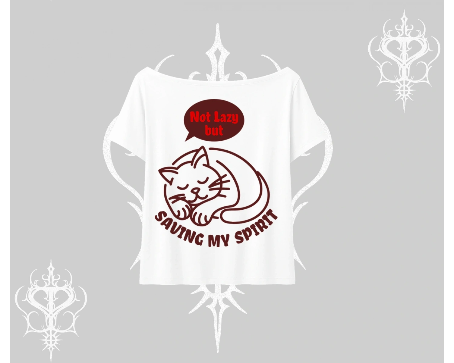 Not Lazy Saving My Spirit Kedi Baskılı Kayık Yaka Tshirt