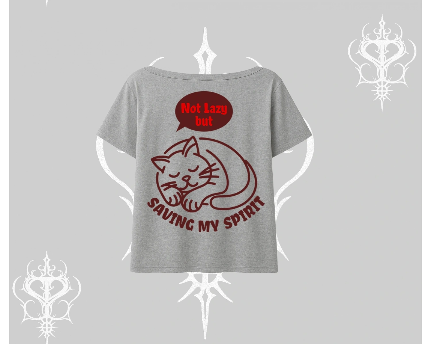Not Lazy Saving My Spirit Kedi Baskılı Kayık Yaka Tshirt