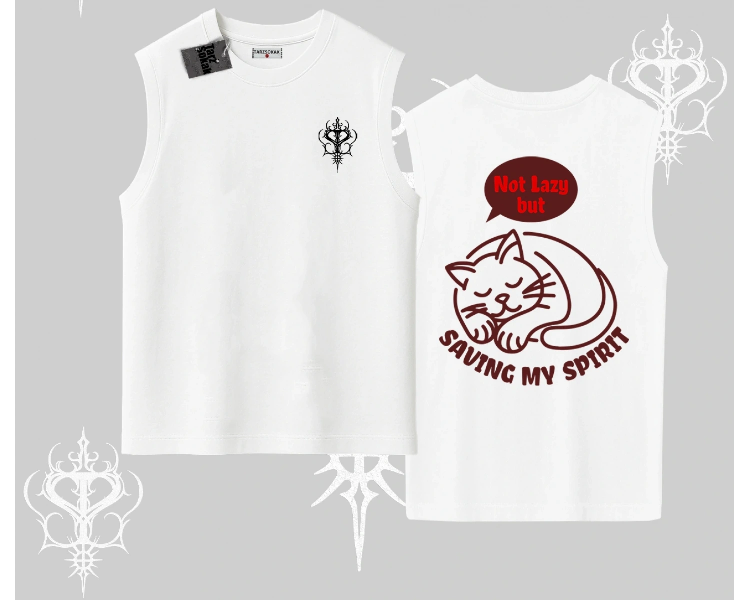 Not Lazy Saving My Spirit Kedi Baskılı Kolsuz Tshirt