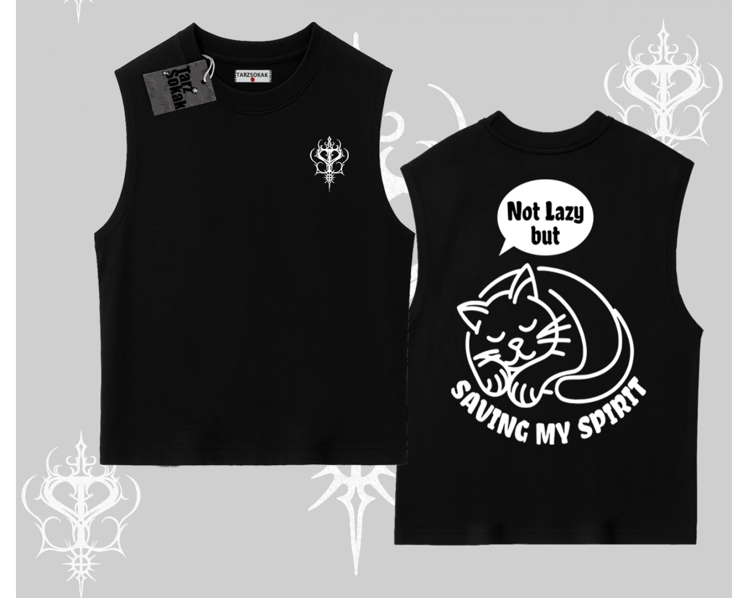 Not Lazy Saving My Spirit Kedi Baskılı Kolsuz Tshirt