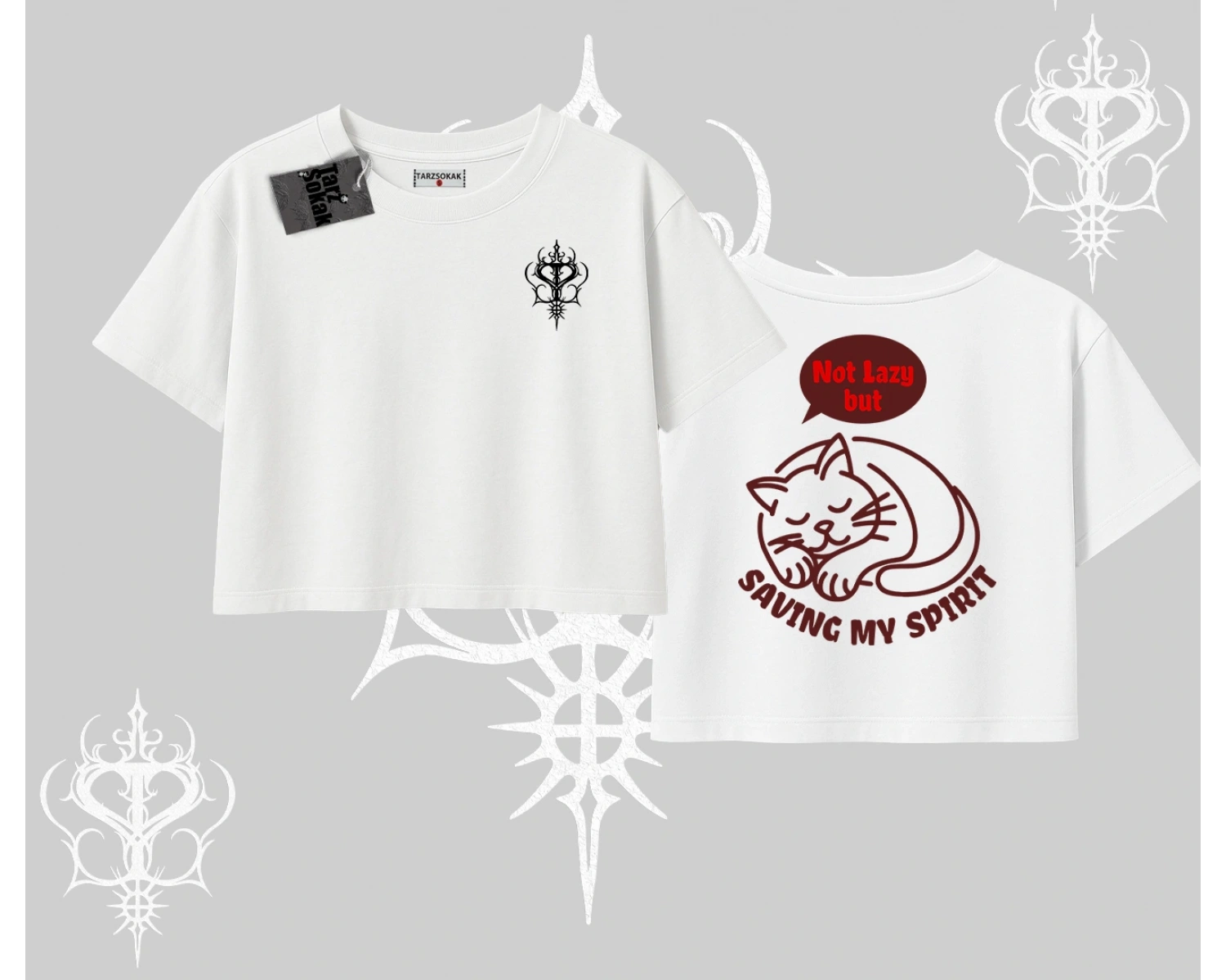 Not Lazy Saving My Spirit Kedi Baskılı Oversize Crop Tshirt