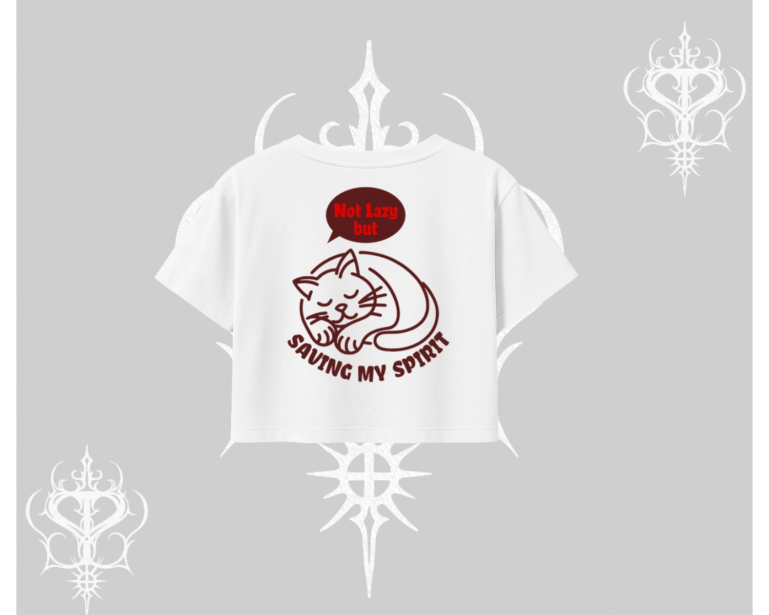 Not Lazy Saving My Spirit Kedi Baskılı Oversize Crop Tshirt