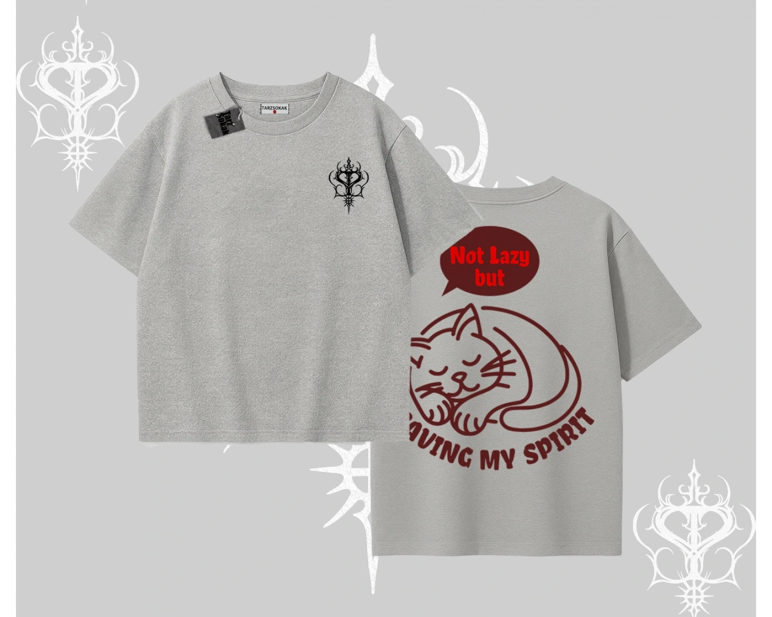 Not Lazy Saving My Spirit Kedi Baskılı Oversize Tshirt