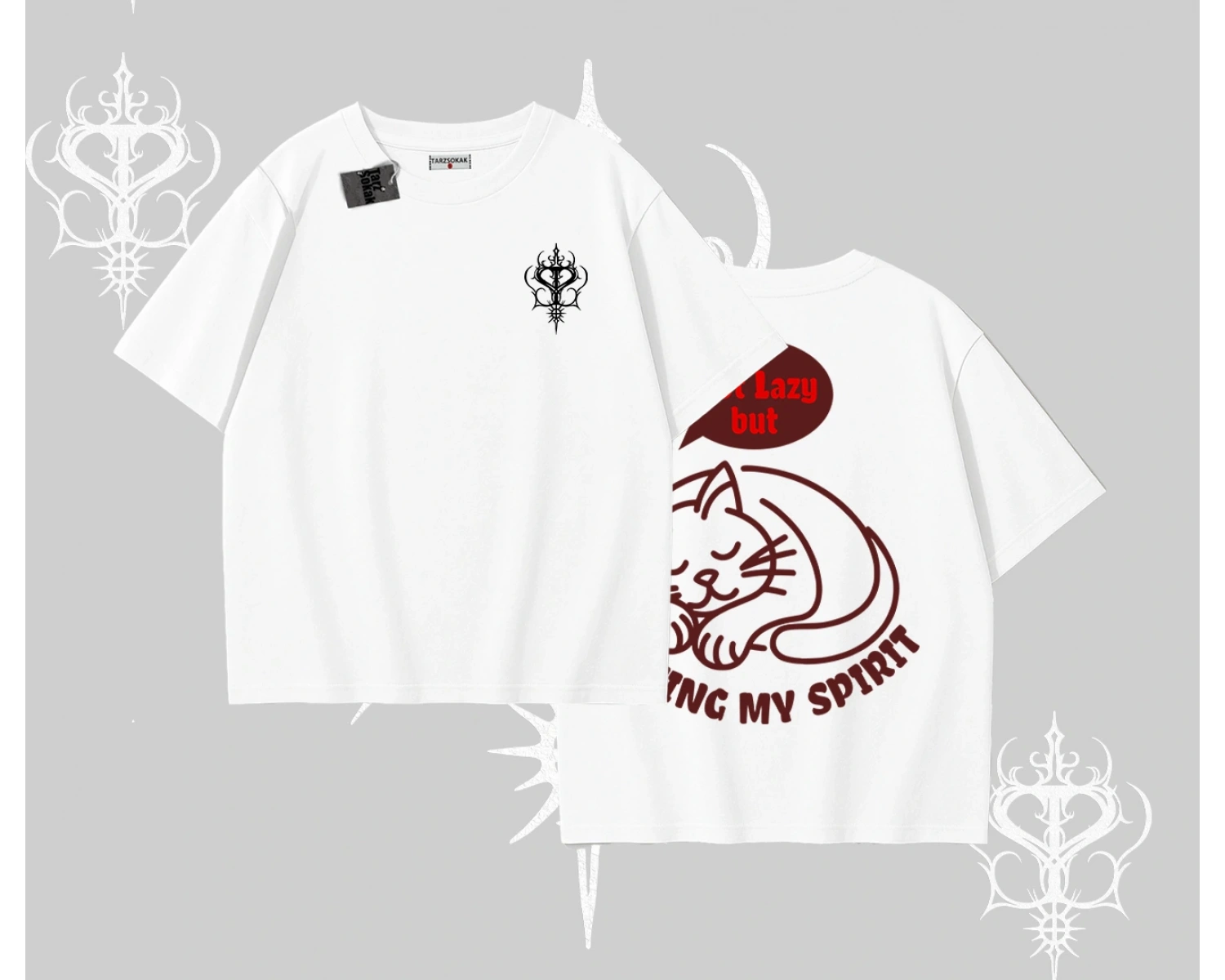 Not Lazy Saving My Spirit Kedi Baskılı Oversize Tshirt