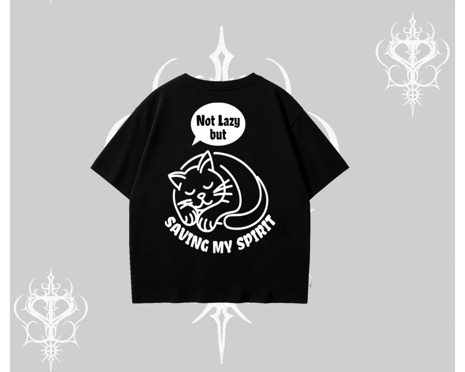 Not Lazy Saving My Spirit Kedi Baskılı Oversize Tshirt