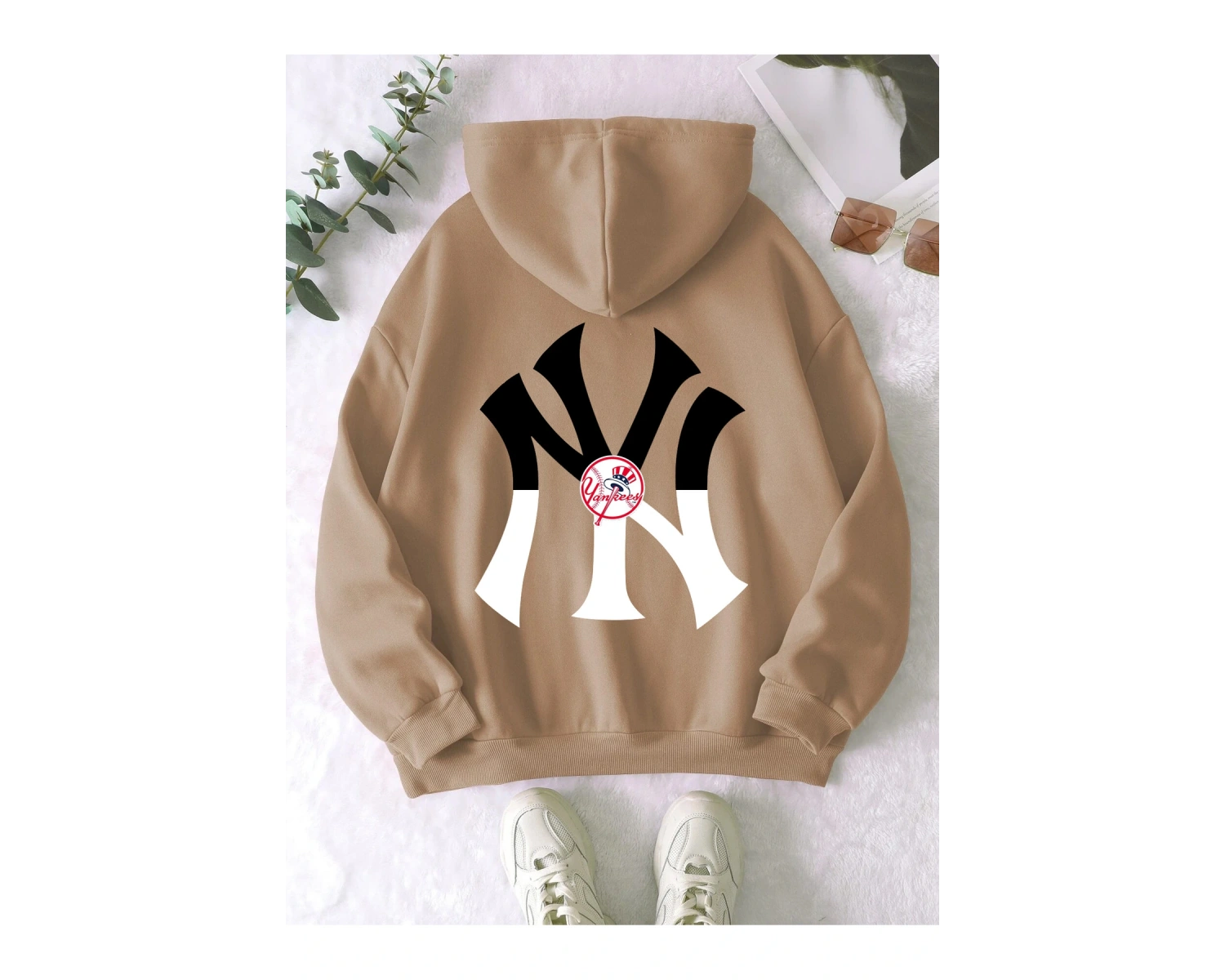 NY Renkli Baskılı Oversize Kapüşonlu Sweatshirt Bej