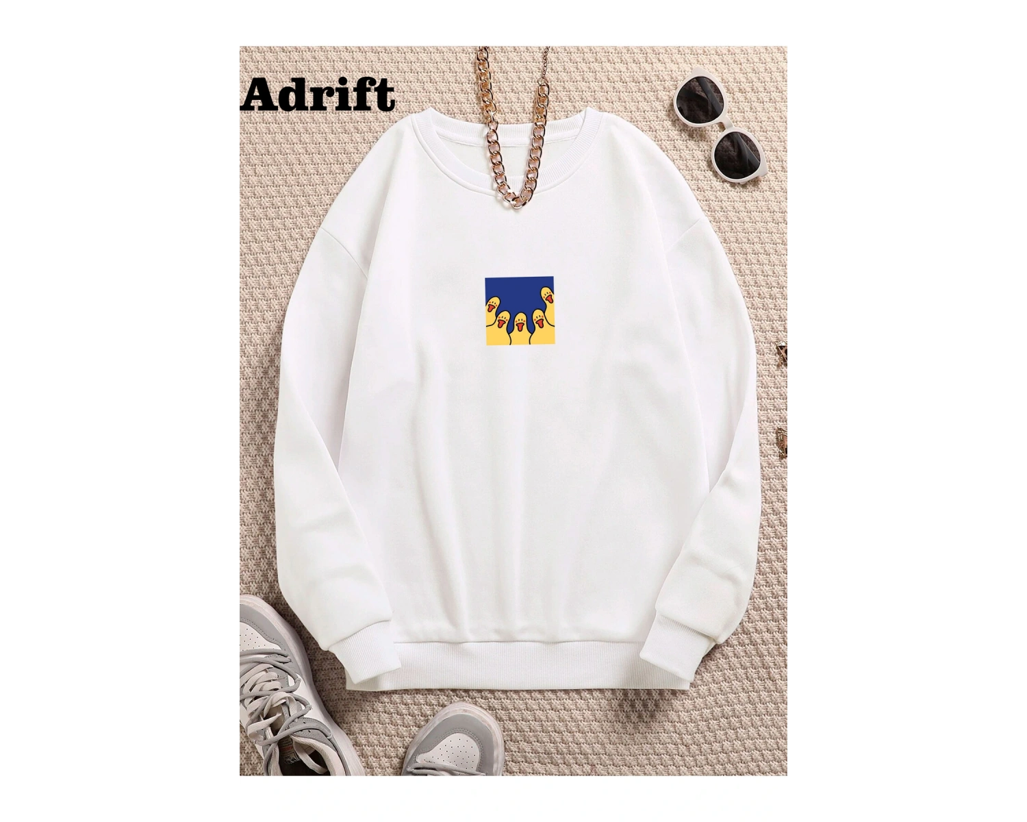 Ördek Renkli Oversize Bisiklet Yaka Pamuklu Sweatshirt Beyaz