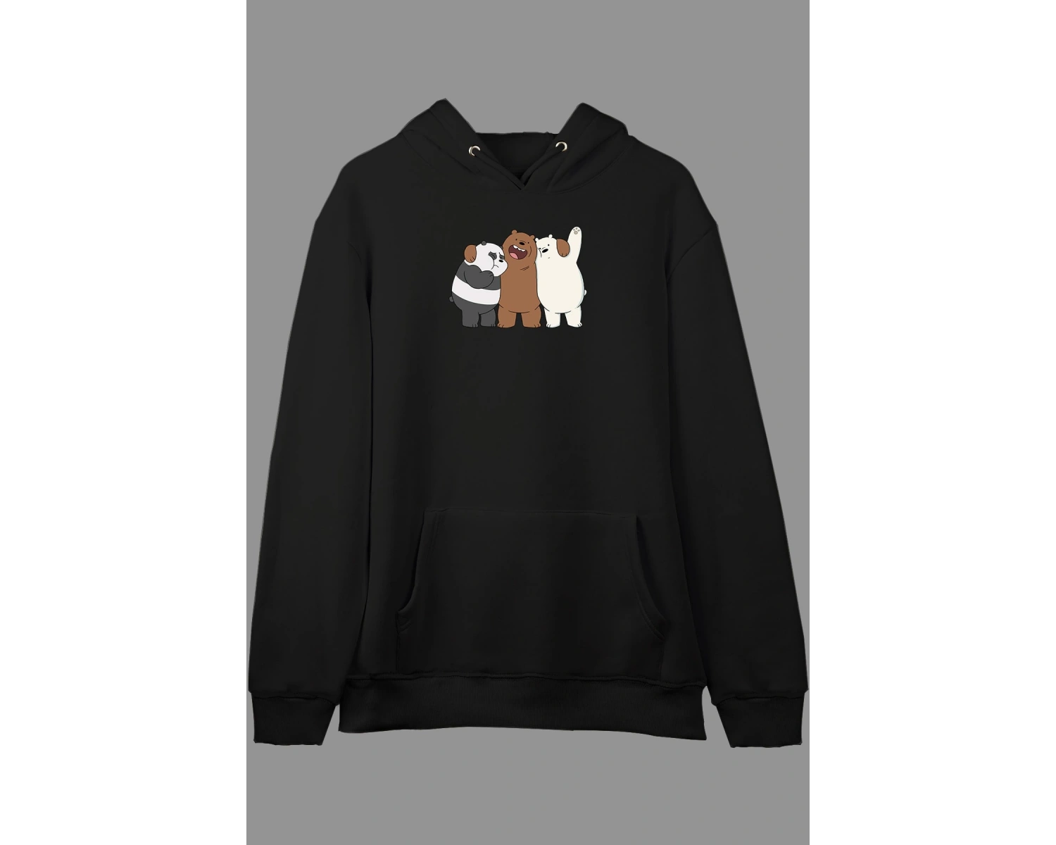 Oversize 3 Kafadar Ayı We Bare Bears Tasarım Baskılı Kapüşonlu Sweatshirt Hoodie Beyaz