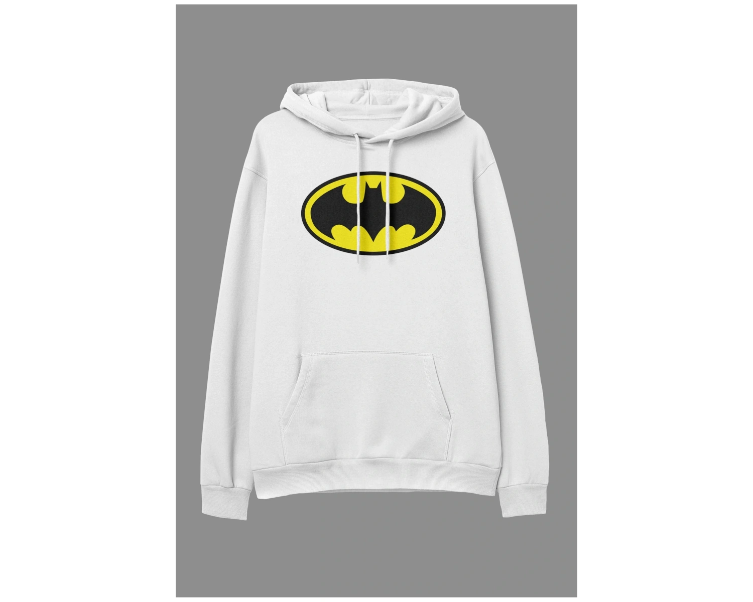 Oversize Batman Tasarım Baskılı Kapüşonlu Sweatshirt Hoodie Beyaz