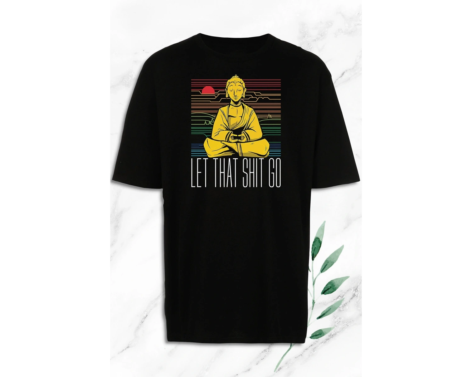 Oversize Buda Heykel Baskılı Siyah Tişört