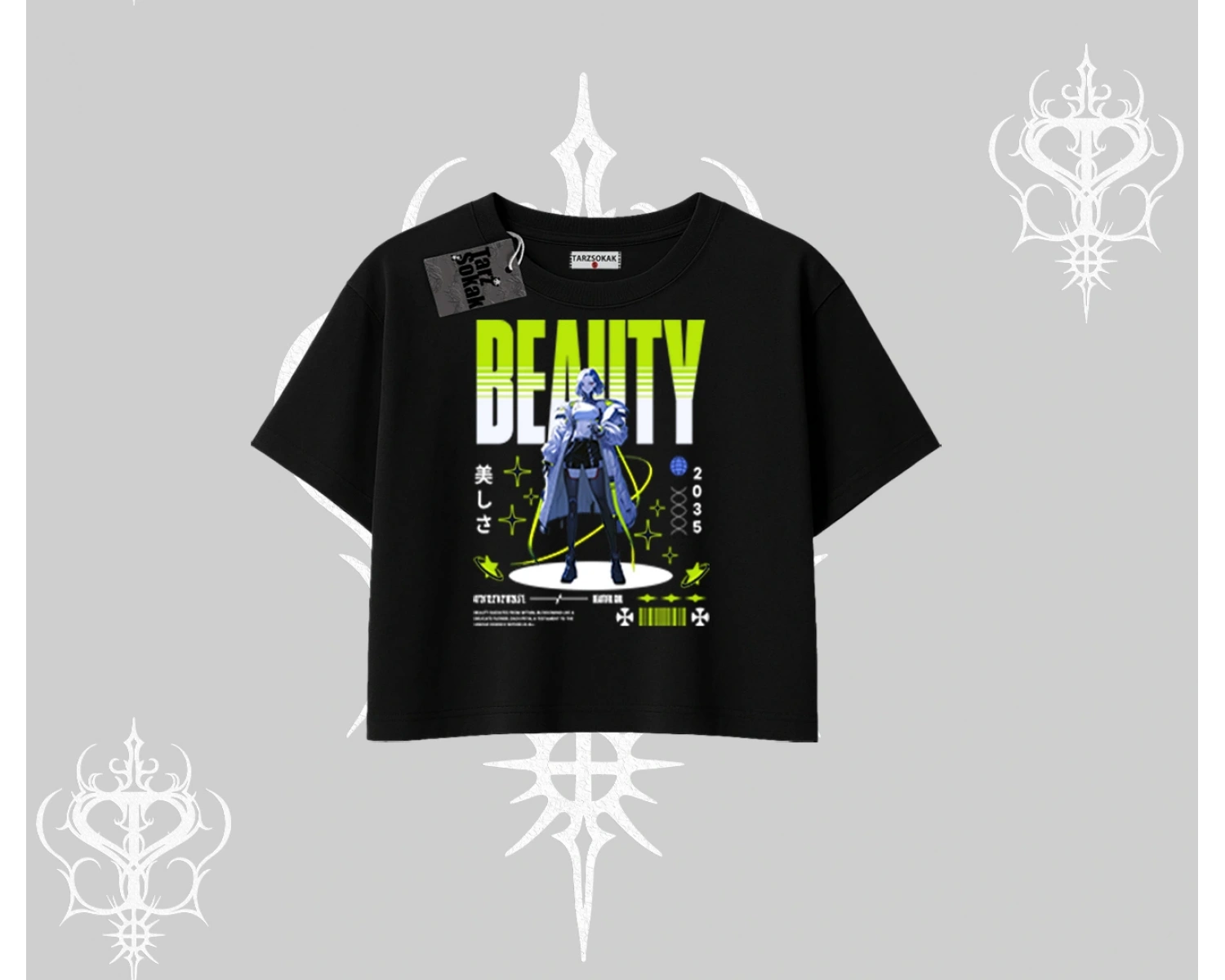 Oversize Crop Tshirt Anime Unity Neon Detaylı Grafik Baskılı