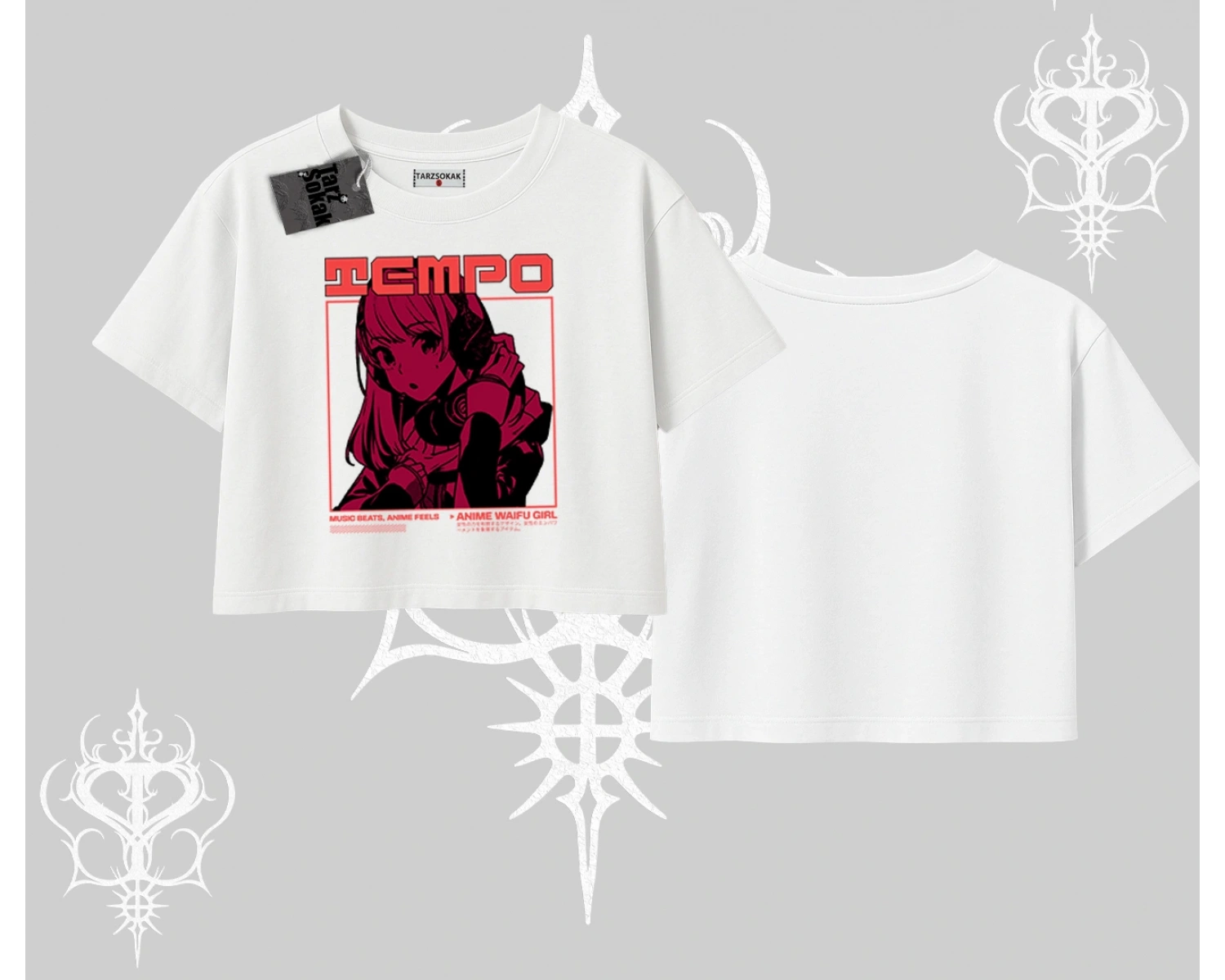 Oversize Crop Tshirt Anime Waifu Kırmızı Grafik Desenli