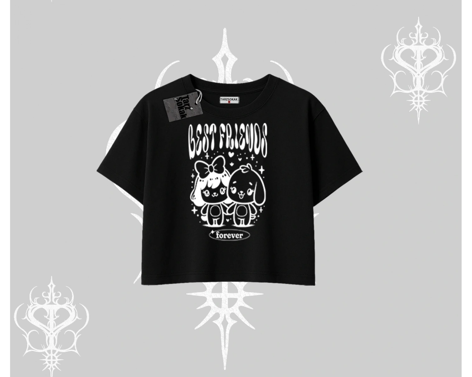 Oversize Crop Tshirt Best Friends Forever Baskılı Sevimli Tasarım