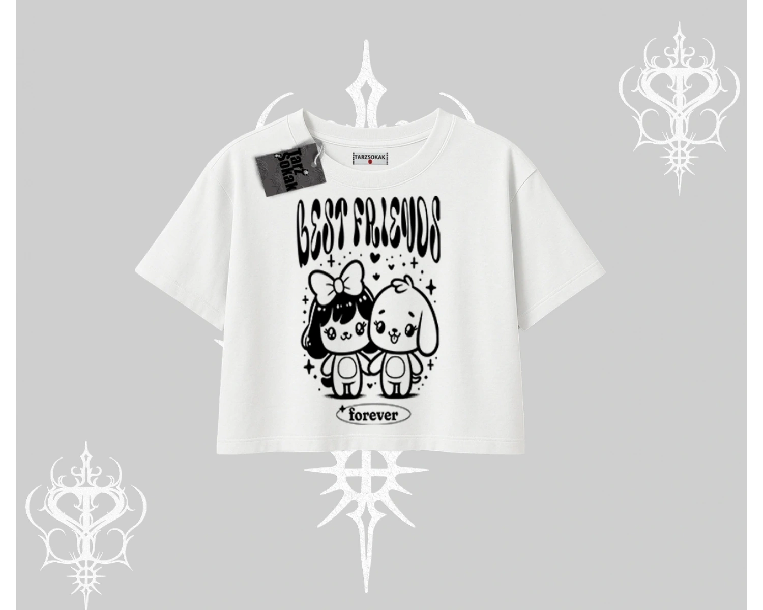 Oversize Crop Tshirt Best Friends Forever Baskılı Sevimli Tasarım