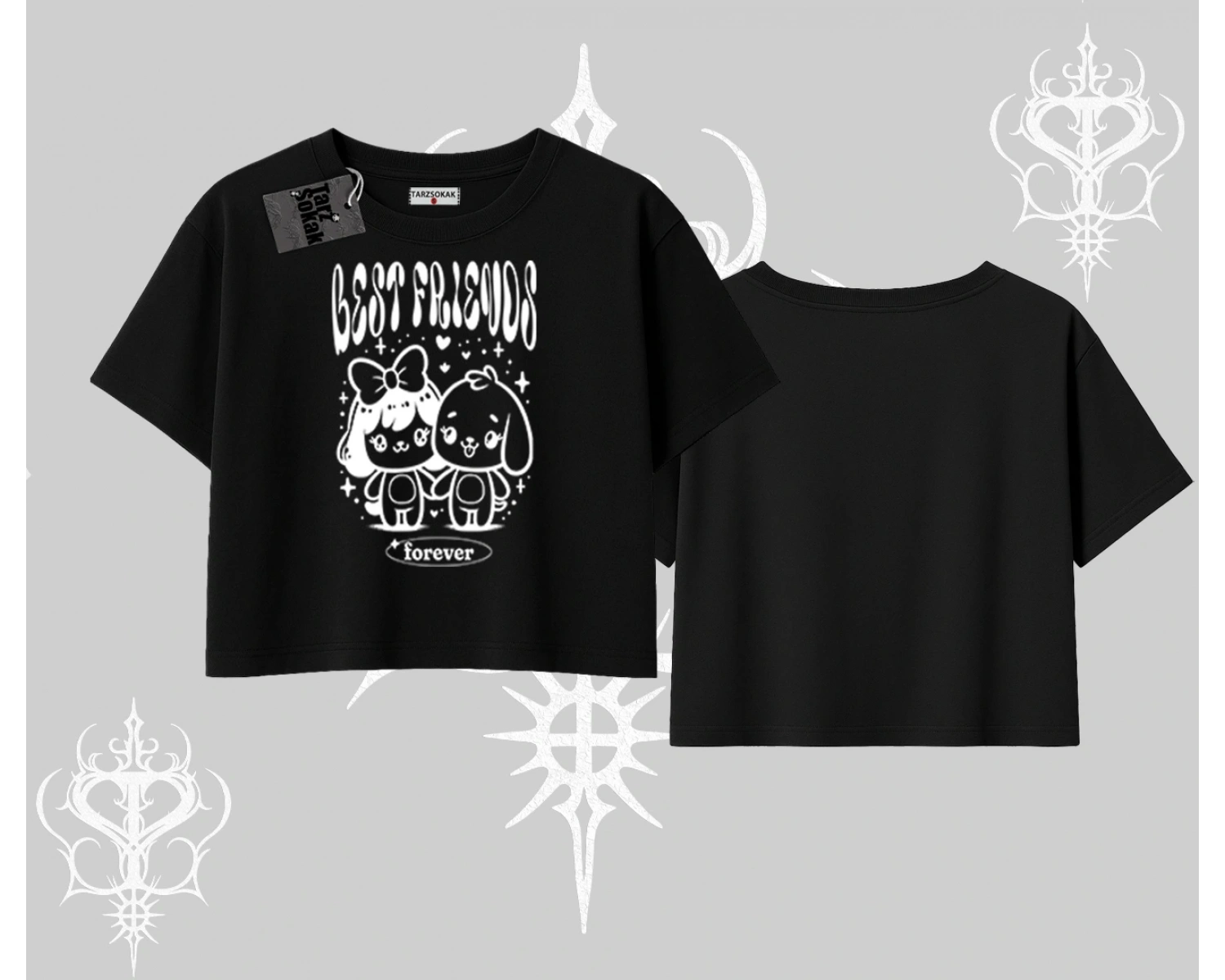 Oversize Crop Tshirt Best Friends Forever Baskılı Sevimli Tasarım