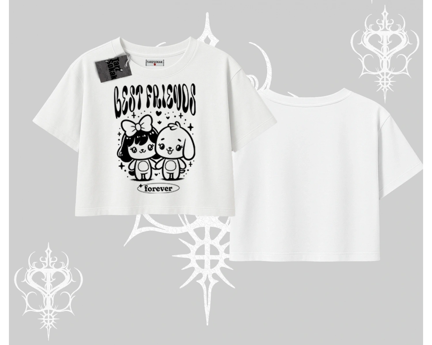 Oversize Crop Tshirt Best Friends Forever Baskılı Sevimli Tasarım