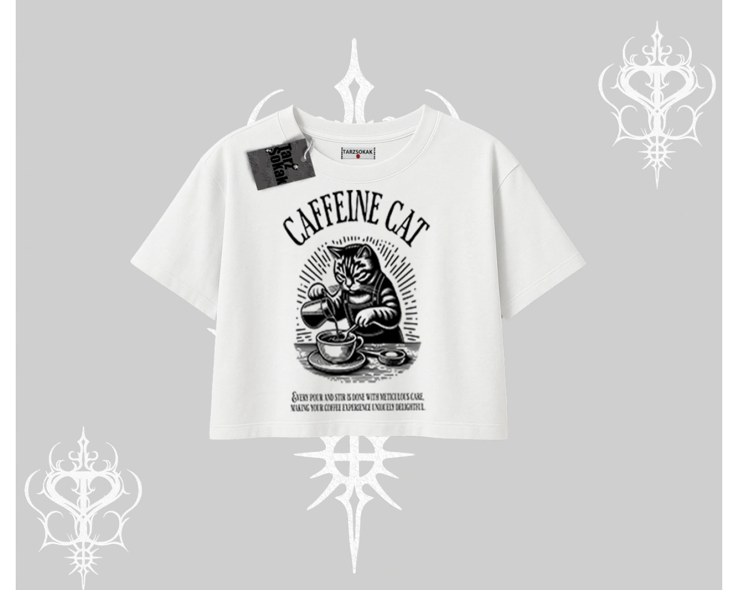 Oversize Crop Tshirt Caffeine Cat Kahve Temalı Kedi Baskılı