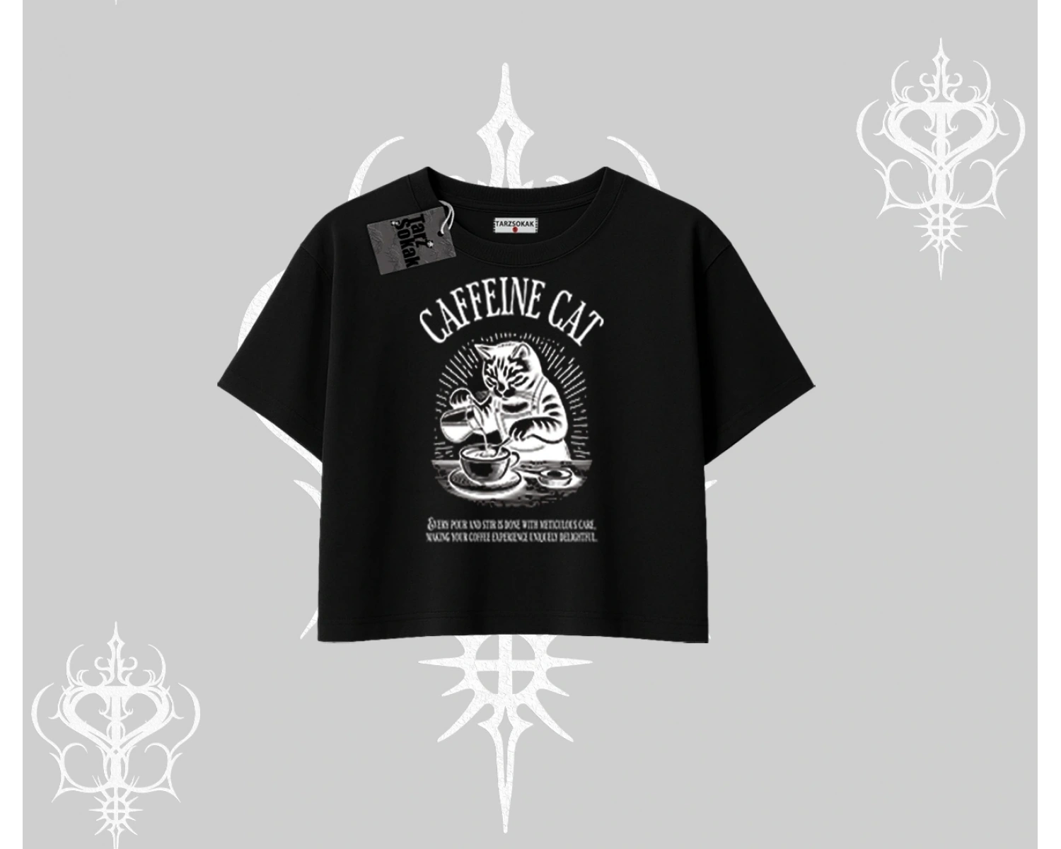 Oversize Crop Tshirt Caffeine Cat Kahve Temalı Kedi Baskılı