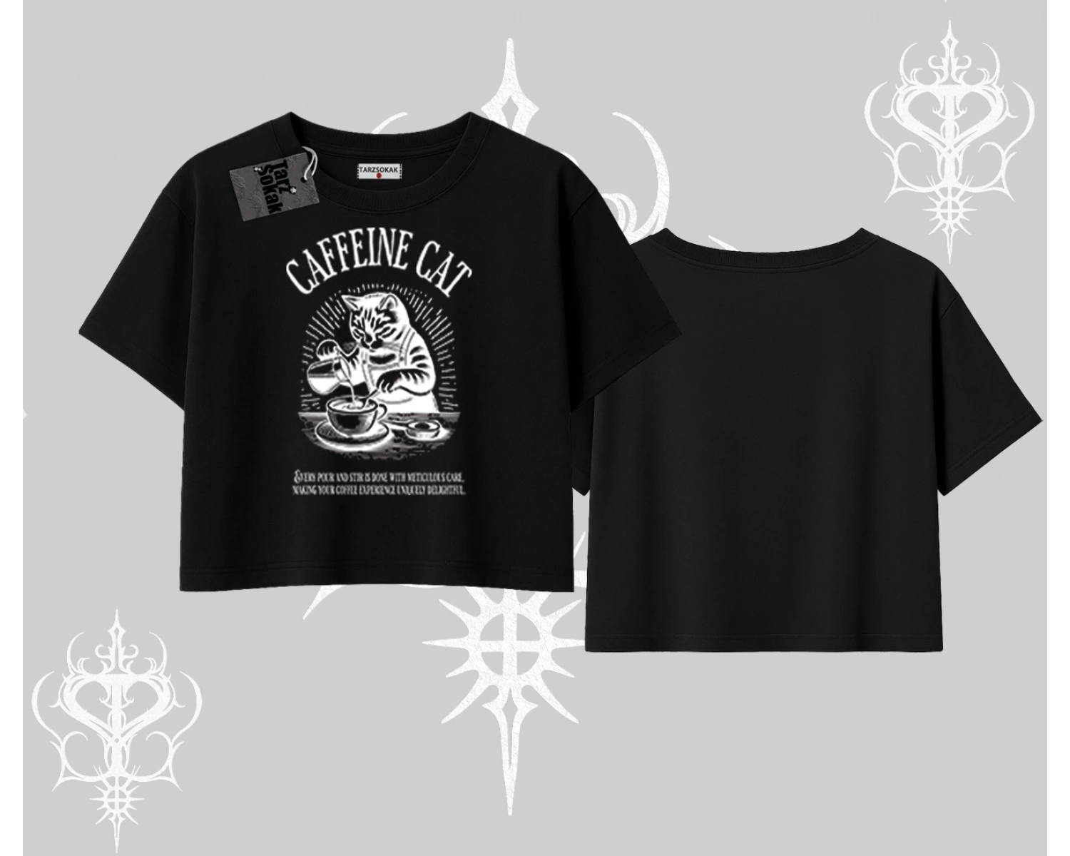Oversize Crop Tshirt Caffeine Cat Kahve Temalı Kedi Baskılı
