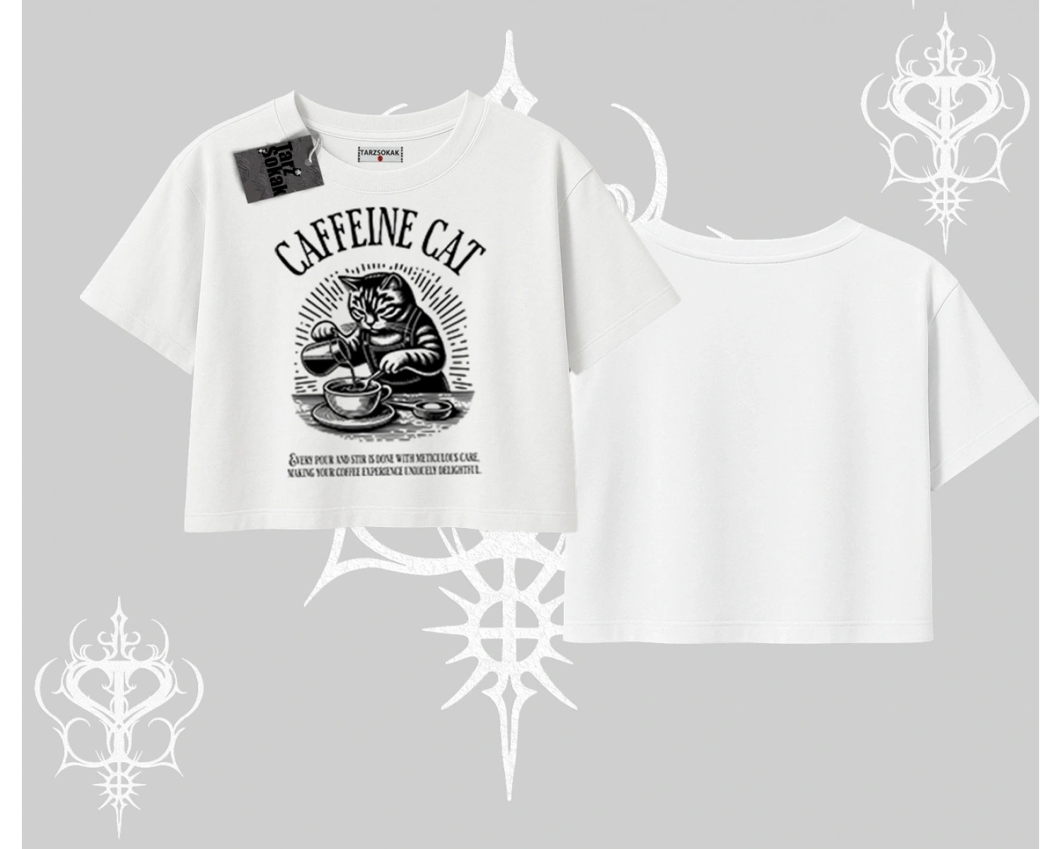 Oversize Crop Tshirt Caffeine Cat Kahve Temalı Kedi Baskılı