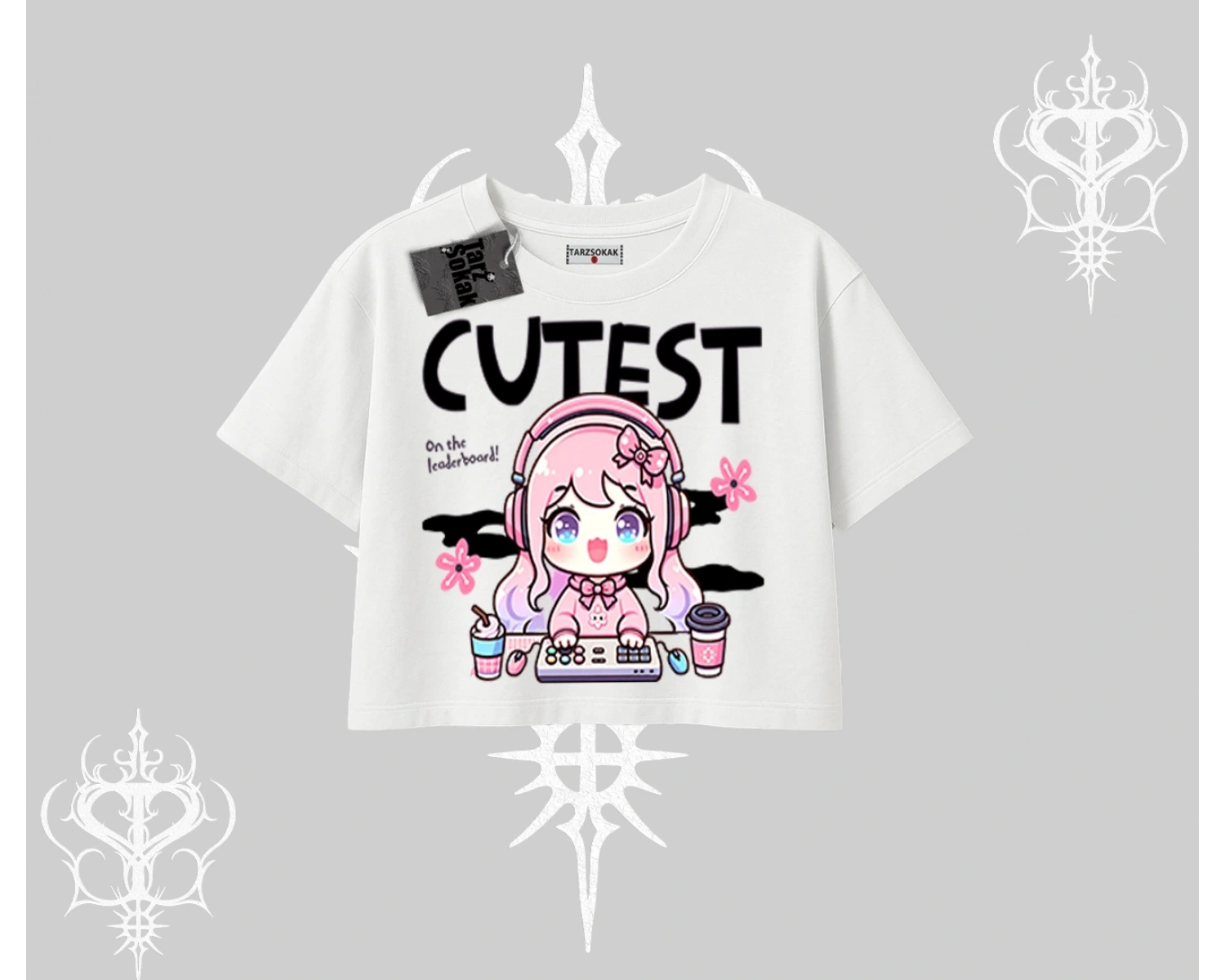 Oversize Crop Tshirt Cute Anime Gamer Girl Baskılı