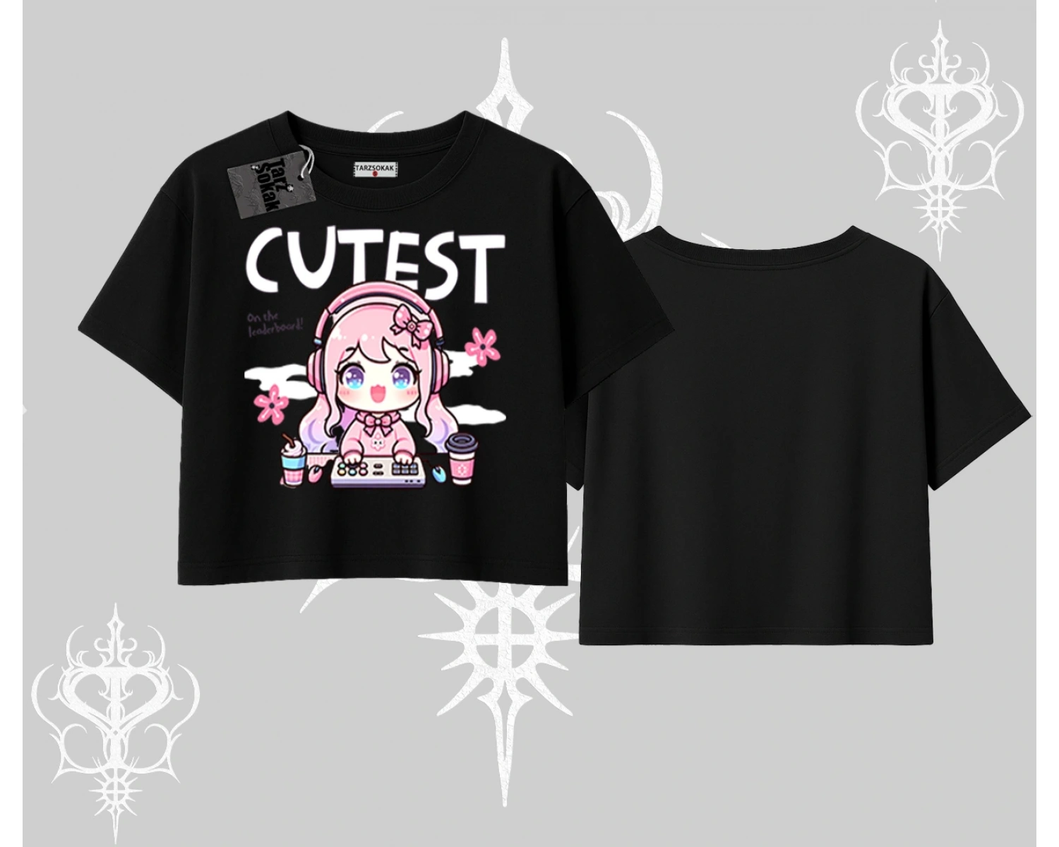 Oversize Crop Tshirt Cute Anime Gamer Girl Baskılı