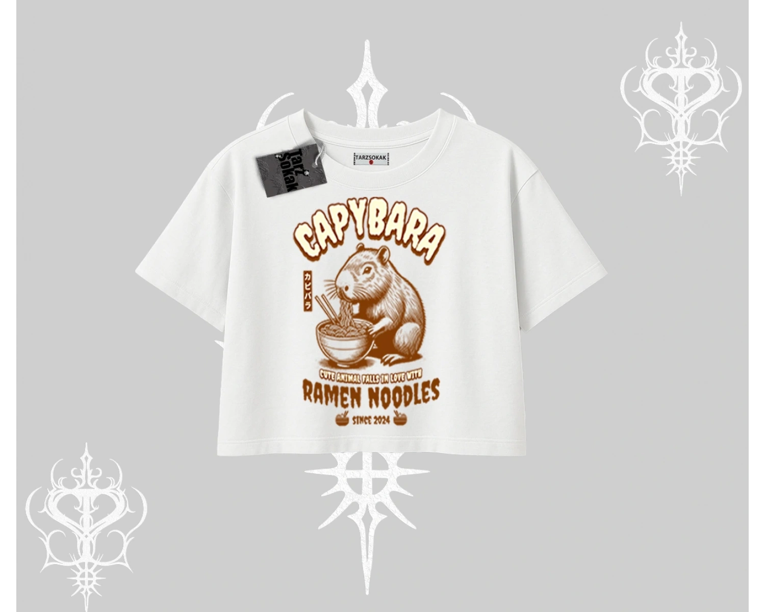 Oversize Crop Tshirt Cute Capybara Enjoying Ramen Noodles Artwork