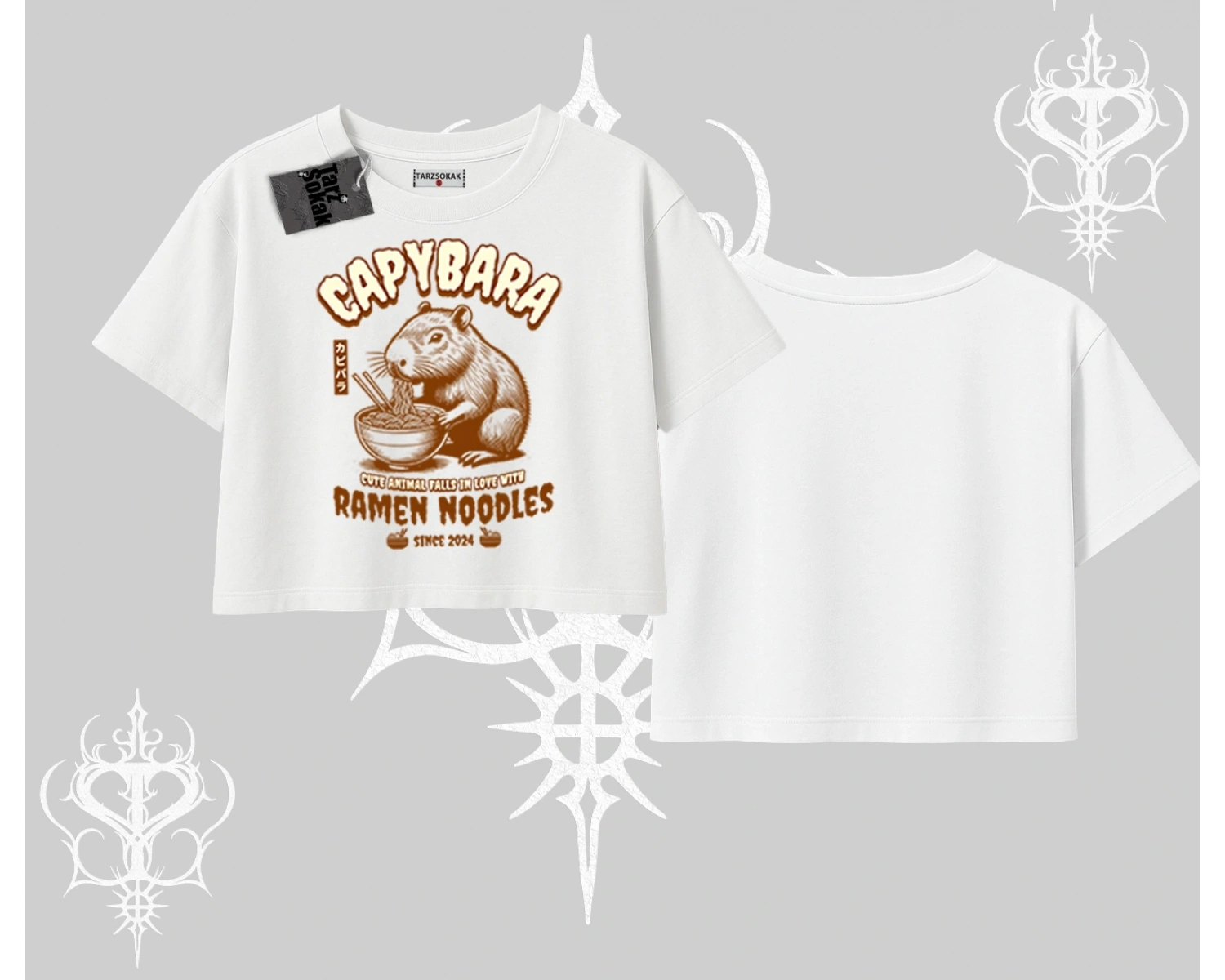 Oversize Crop Tshirt Cute Capybara Enjoying Ramen Noodles Artwork