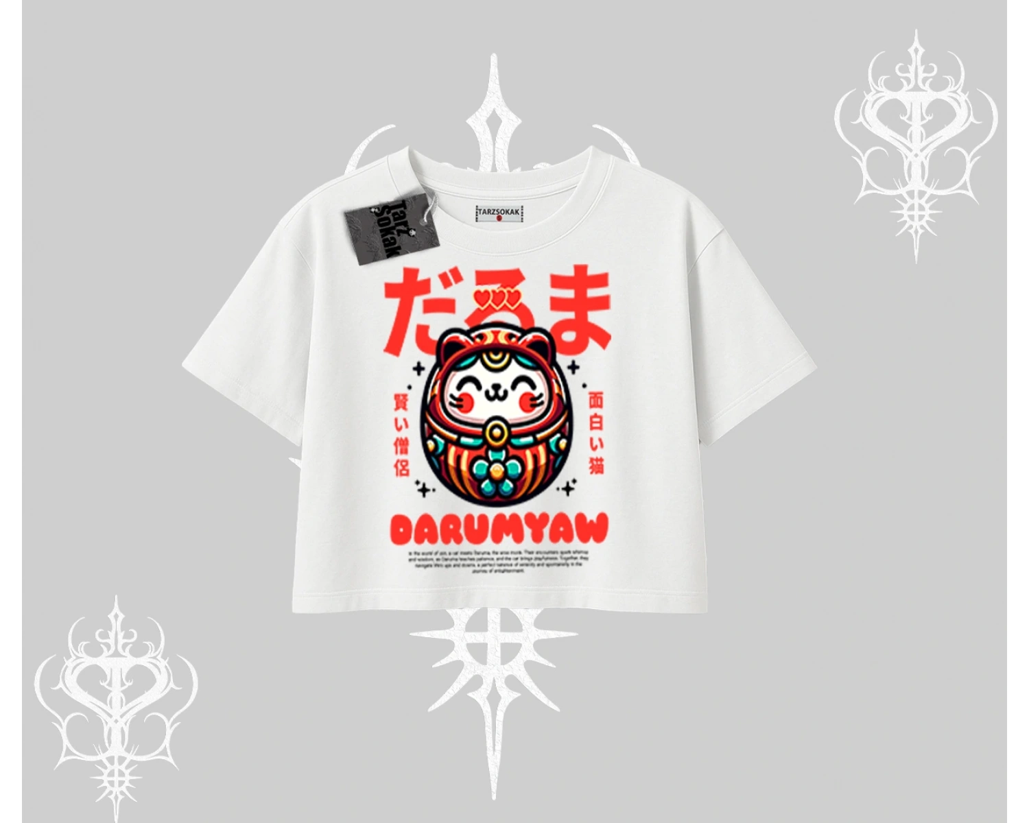 Oversize Crop Tshirt Daruma Kedi Anime Baskılı